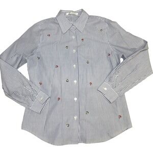 Foxcroft embroidered floral button‎ up shirt blue and white striped size 6